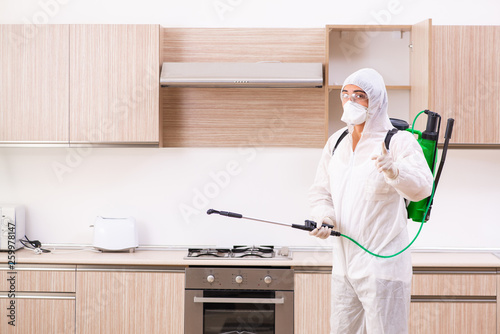 Professional contractor doing pest control at kitchen © Elnur