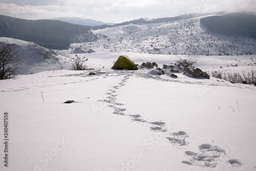 Boot Traces In The Snow Lead To A Tent Agaist Winter Landscape