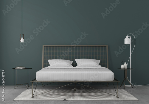 Bedroom interior with a metal bed © JZhuk