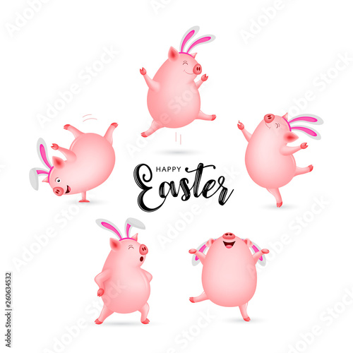 Set of cute cartoon pig dancing decorated with rabbit ear. Easter holiday concept. Funny character design. Vector illustration isolated on white background. © wowow