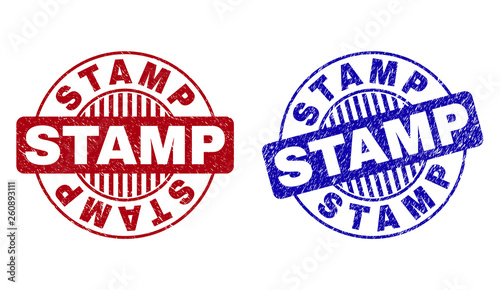 Grunge STAMP round stamp seals isolated on a white background. Round seals with distress texture in red and blue colors. Vector rubber watermark of STAMP label inside circle form with stripes.