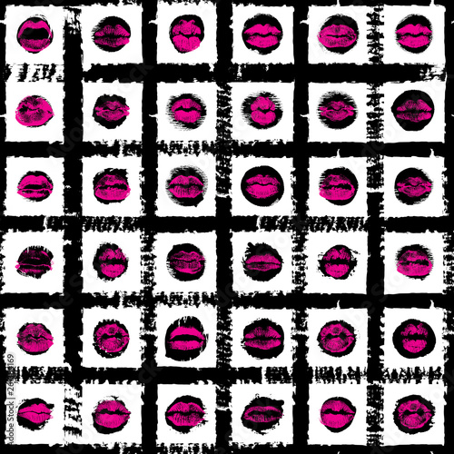 Female lips, mouth with a kiss stain, seamless pattern on pop up background. Retro style endless wrapping paper for Valentine day adult sex shop merchandise. Vector.