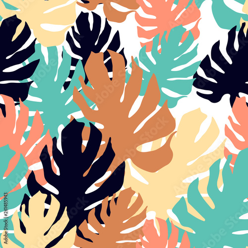 Seamless pattern with monster leaves. Overlapping art in collage style. Bright tropical wallpaper. © Anastasiia Komarova