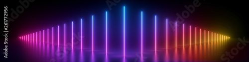3d render, abstract panoramic background, glowing vertical lines, neon lights, ultraviolet spectrum, virtual reality, laser show © wacomka