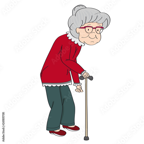Old grey-haired senior lady, retired woman, granny with walking stick. Original hand drawn illustration. © hancik