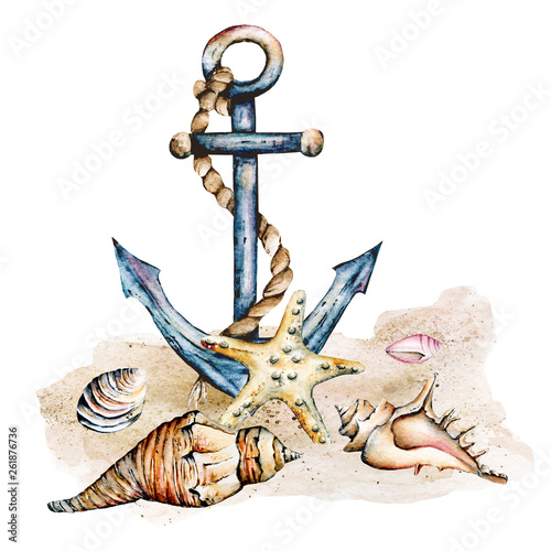 Anchor, seashells, starfish. Watercolor hand painting marine design. Summer illustration isolated on white background. © Larisa