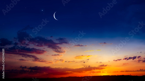 Light from sky . Religion background . The sky at night with stars. New moon . Ramadan background . Prayer time . Dramatic nature background . Arab night . eclipse of the moon © yaalan