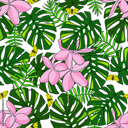 Seamless pattern with bright tropical leaves and flowers and butterflys © barberry