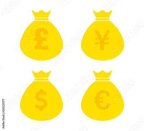 Set of money bags icon isolated on white background with shadows dollar euro pound uang signs. Cash icon. © Рома Быхалець