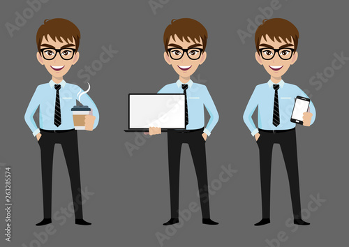 Businessman cartoon character, set of three poses. Handsome business man in office style clothes holding mobilephone, laptop and holding coffee. Vector illustration © titaporn