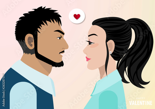 Cartoon character, Handsome man and beautiful lady face confront together, cute lover in office . Vector illustration © titaporn
