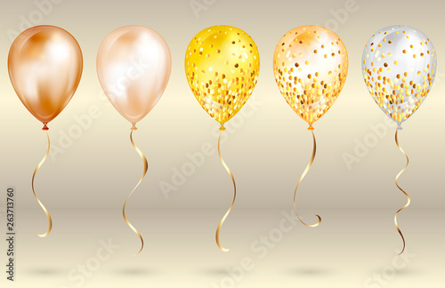 Set Of 5 Shiny Gold Realistic 3d Helium Balloons For Your Design