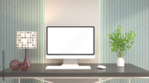 Computer on office table. 3d illustration © Nikita Kuzmenkov