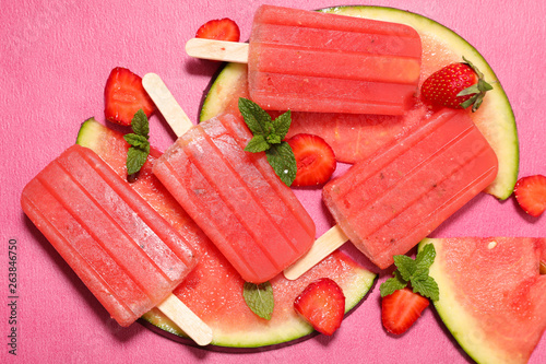 fruit ice cream with watermelon and strawberry, popsicles © M.studio