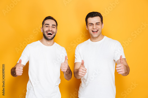 Two cheerful excited men friends wearing blank t-shirts © Drobot Dean