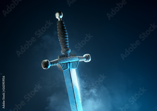 A powerful and mythical ancient silver battle sword. 3D illustration. © James Thew