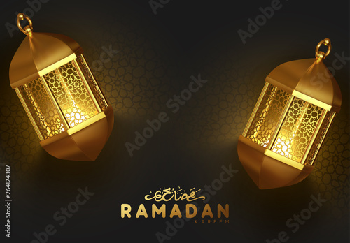 Ramadan background with golden burning vintage lanterns. Arabic calligraphic text of Ramadan Kareem © lauritta