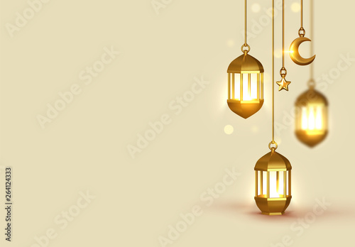 Beige Background 3d design is arabian vintage decorative hanging lamp are on fire. Decoration light lantern, gold stars on ribbon and golden crescent moon. © lauritta