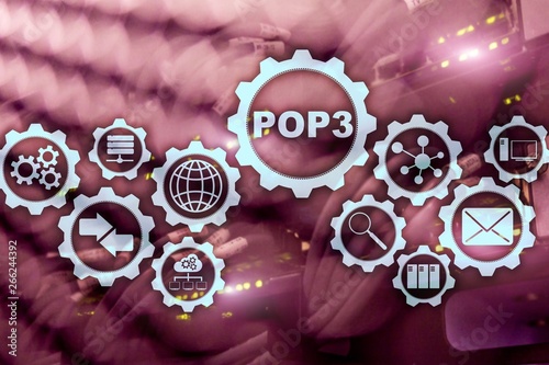 POP3. Post Office Protocol Version 3. Standard internet protocol on datacenter background.